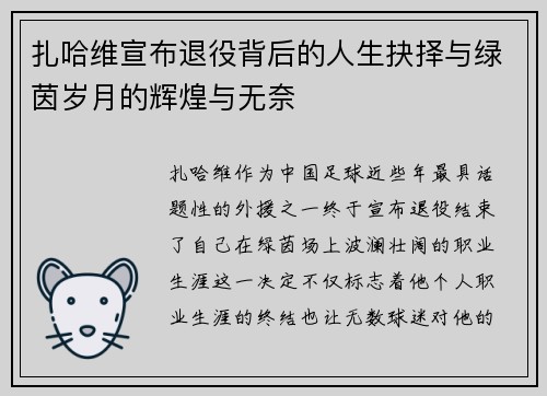 扎哈维宣布退役背后的人生抉择与绿茵岁月的辉煌与无奈
